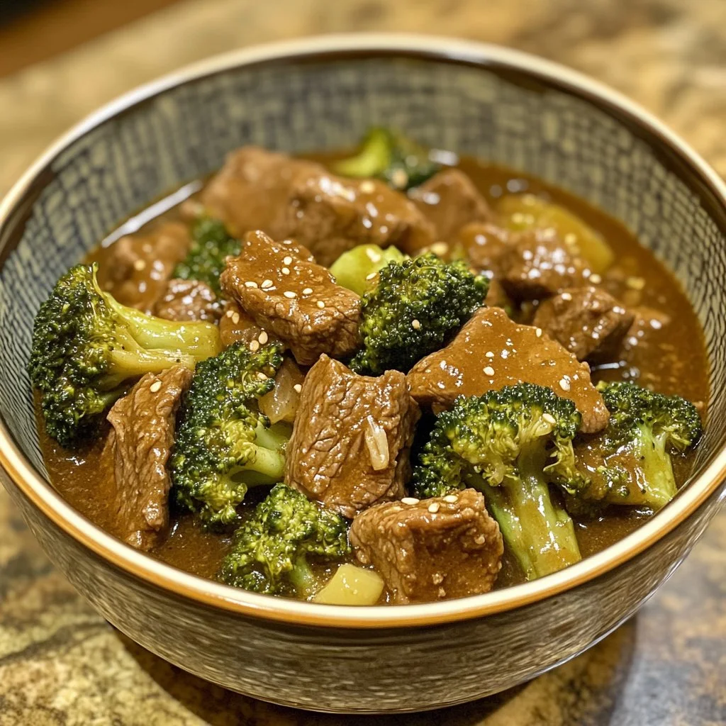 Crock Pot Beef and Broccoli dish simmering in a slow cooker.