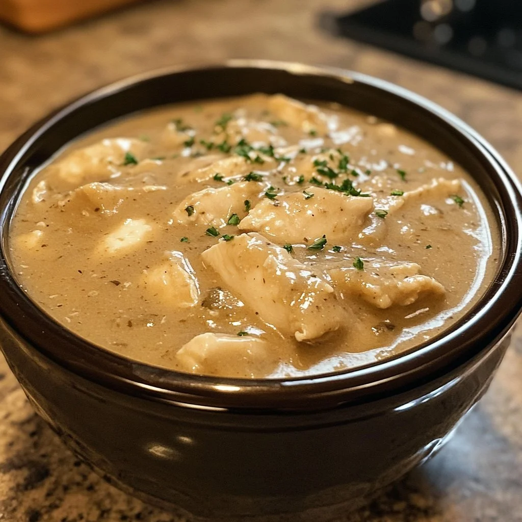 Crockpot chicken and gravy served on a plate with mashed potatoes