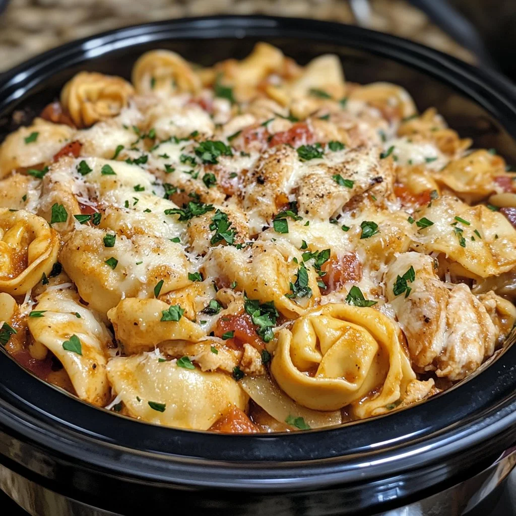 CrockPot Chicken Tortellini served in a bowl with herbs