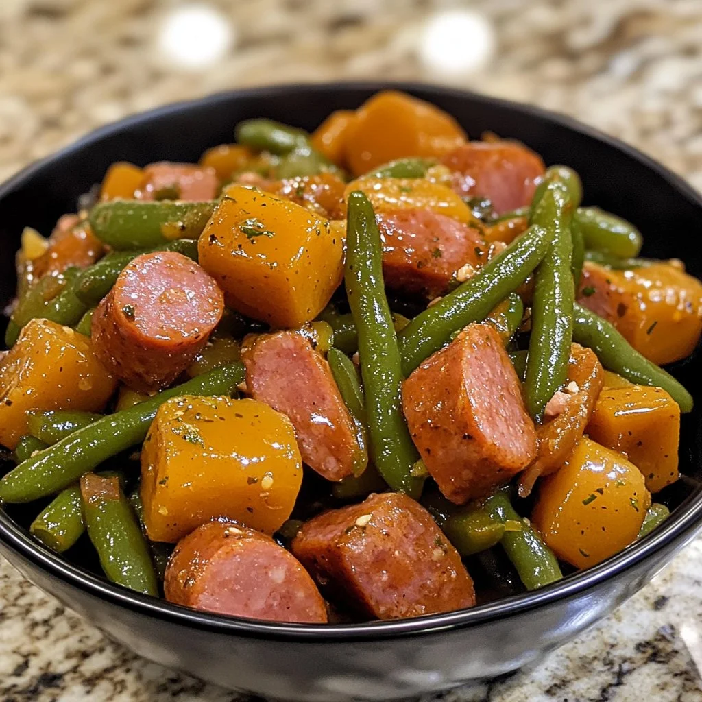 Delicious Crockpot Kielbasa cooked with green beans in a slow cooker.