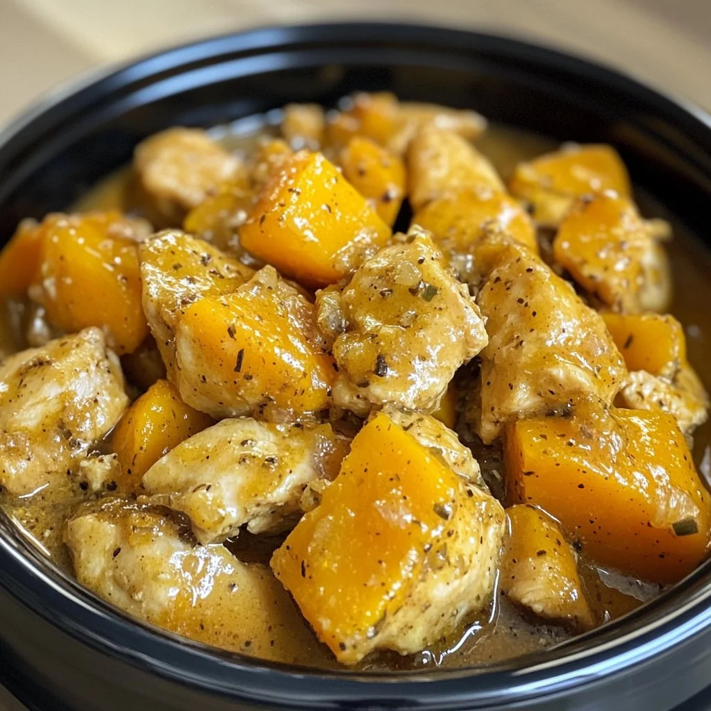 Crockpot Maple Dijon Chicken served with roasted butternut squash