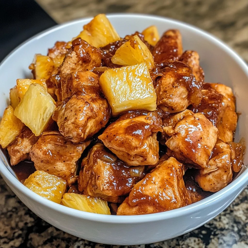 Crockpot Pineapple BBQ Chicken served on a plate with fresh herbs
