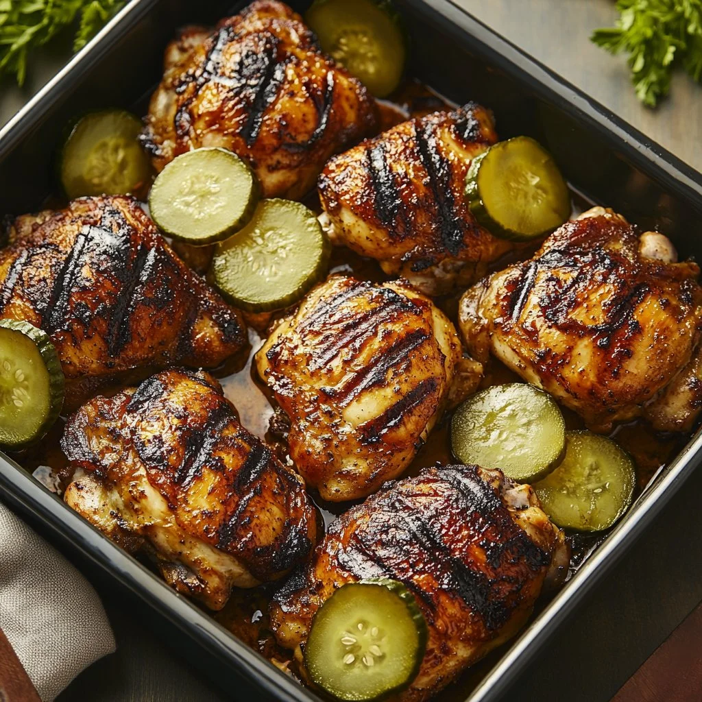 Juicy dill pickle grilled chicken garnished with fresh herbs on a plate.