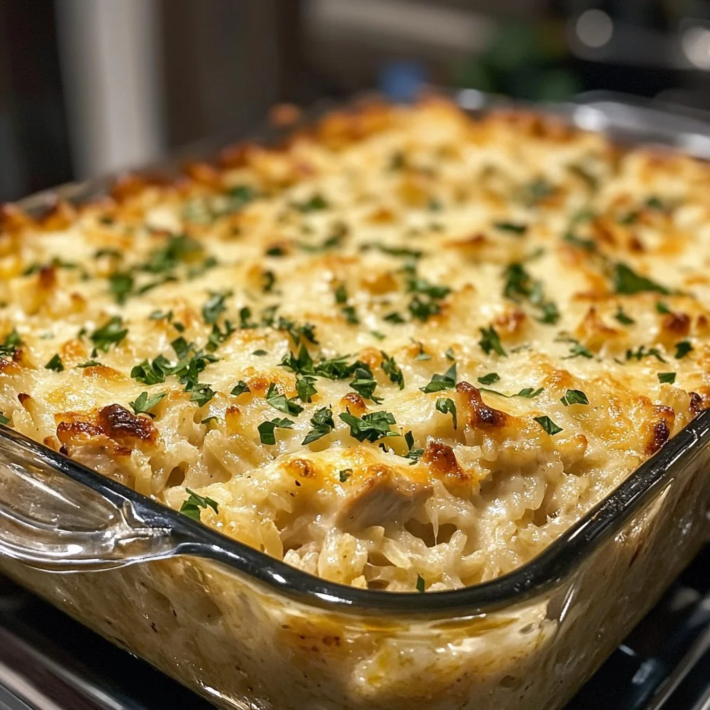 Dump-and-Bake Chicken Alfredo Rice Casserole dish