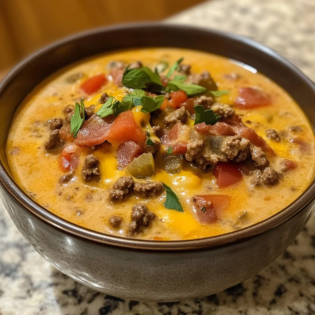 Bowl of Easy Carnivore Diet Bacon Cheeseburger Soup garnished with cheese and bacon