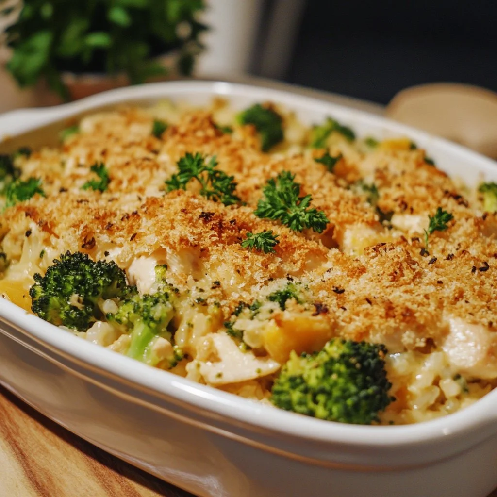Easy chicken rice broccoli casserole in a baking dish fresh from the oven.