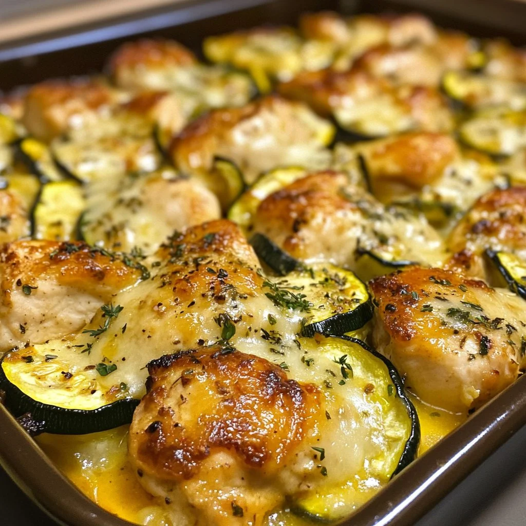 Easy chicken zucchini bake with melted cheese and fresh herbs in a baking dish