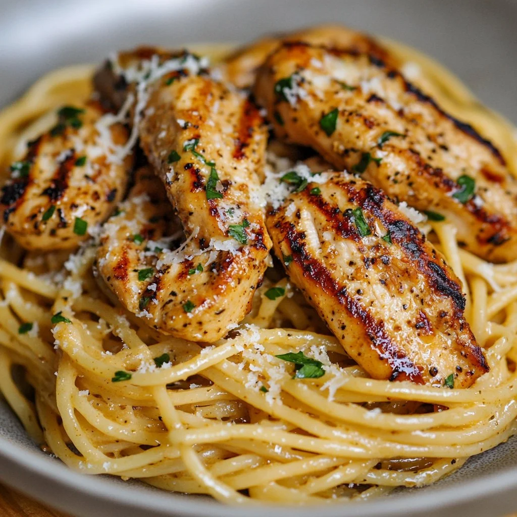 Creamy Cajun chicken spaghetti with garlic mozzarella sauce served in a bowl.