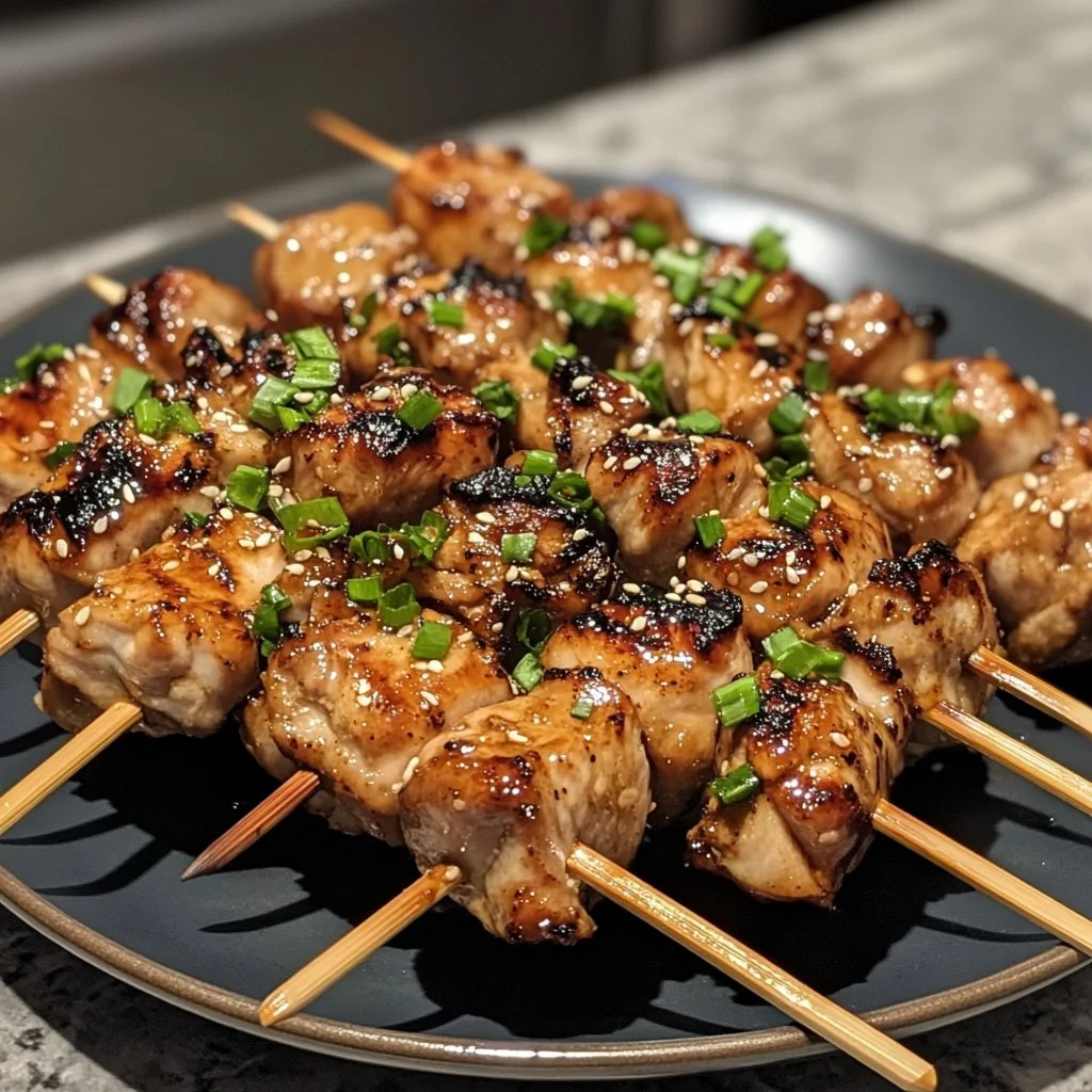 Easy grilled chicken skewers with honey garlic sauce on the grill.