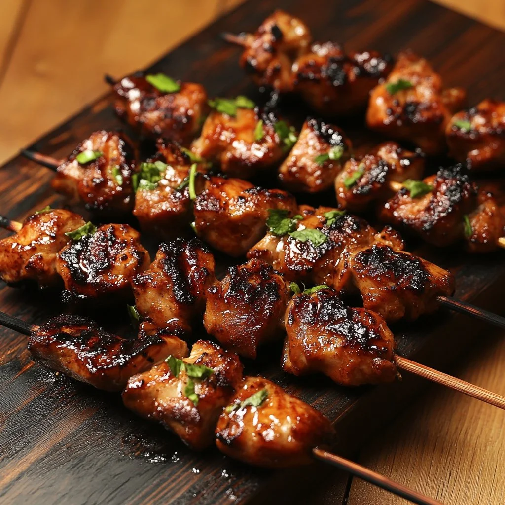 Grilled Thai Chicken Skewers served with peanut sauce on a plate
