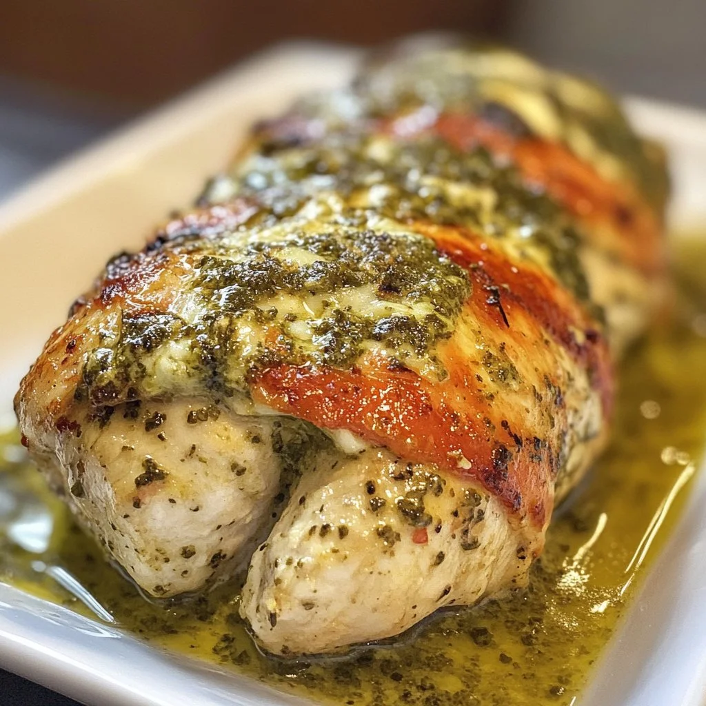 Easy pesto stuffed chicken breast with fresh herbs and cheese on a plate