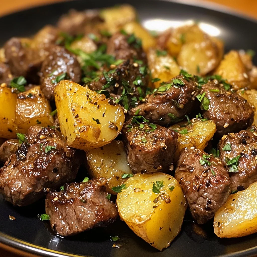 Garlic Butter Beef Bites served with golden crispy potatoes