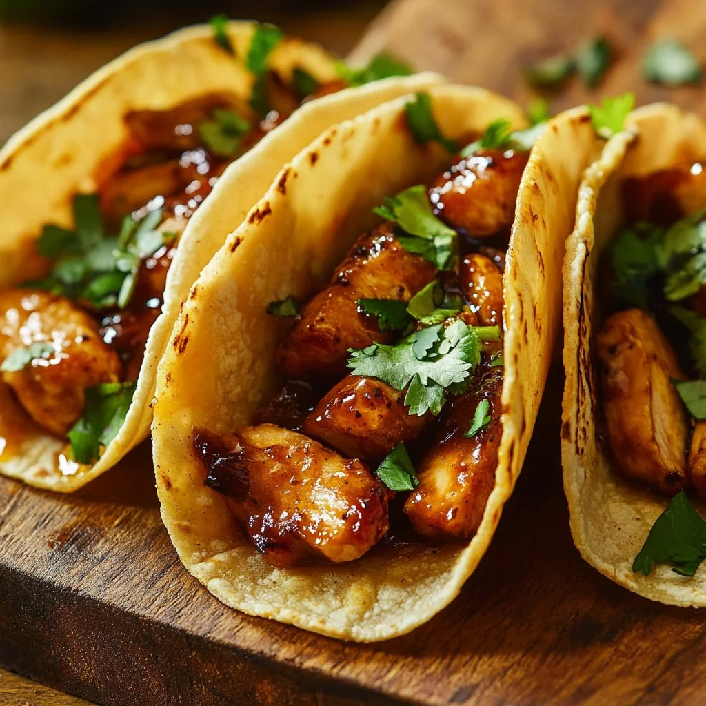 Garlic Butter Honey BBQ Chicken Tacos served on a plate with fresh toppings