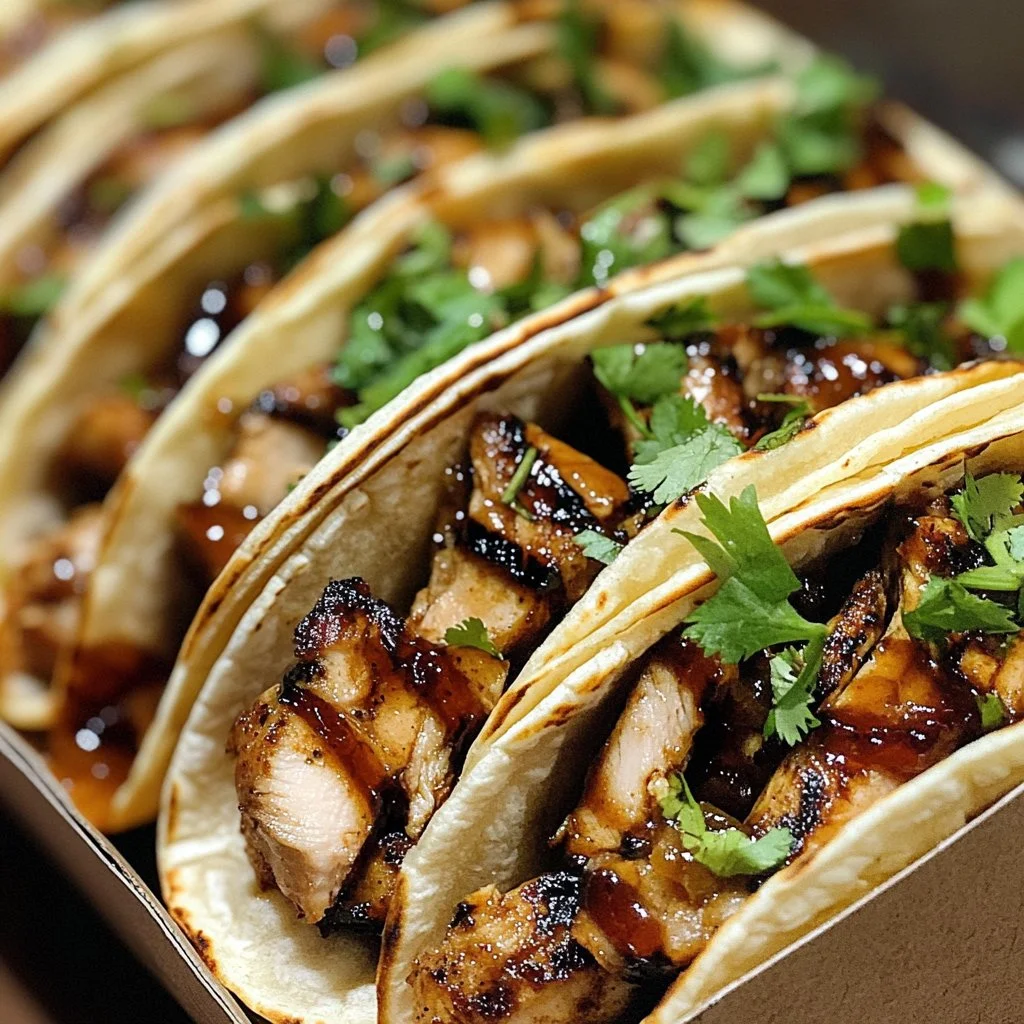 Garlic Butter Honey BBQ Chicken Tacos served with fresh toppings