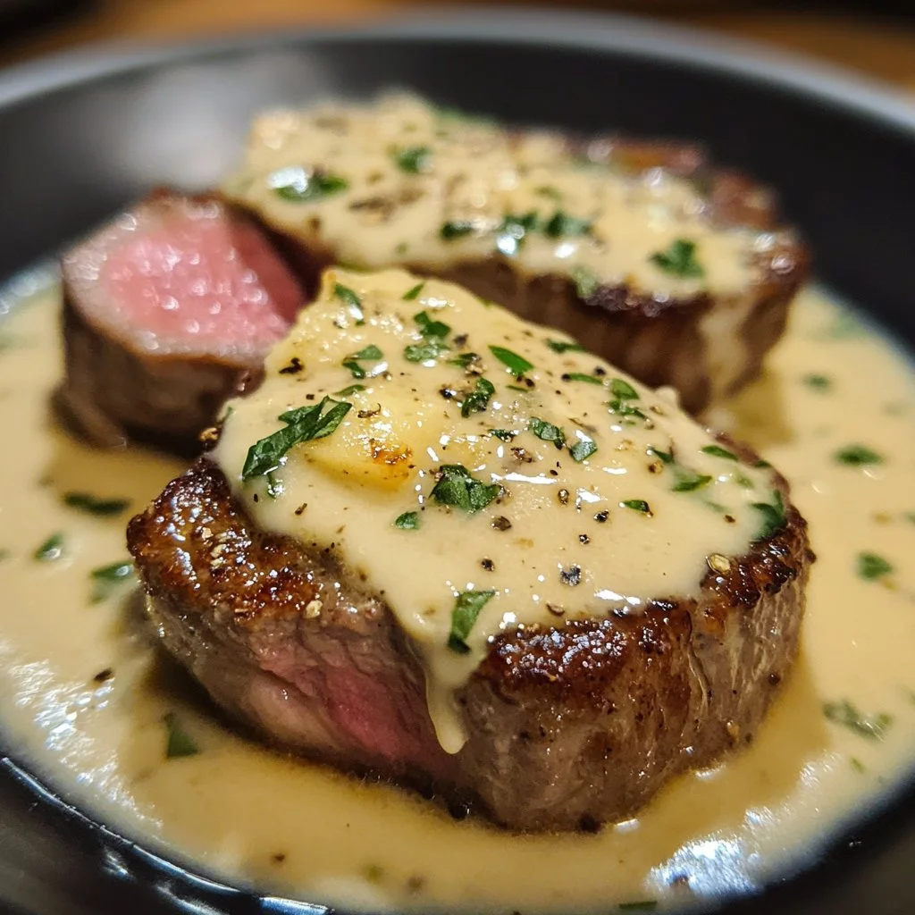 Delicious Garlic Butter Steak topped with creamy Parmesan Cream Sauce