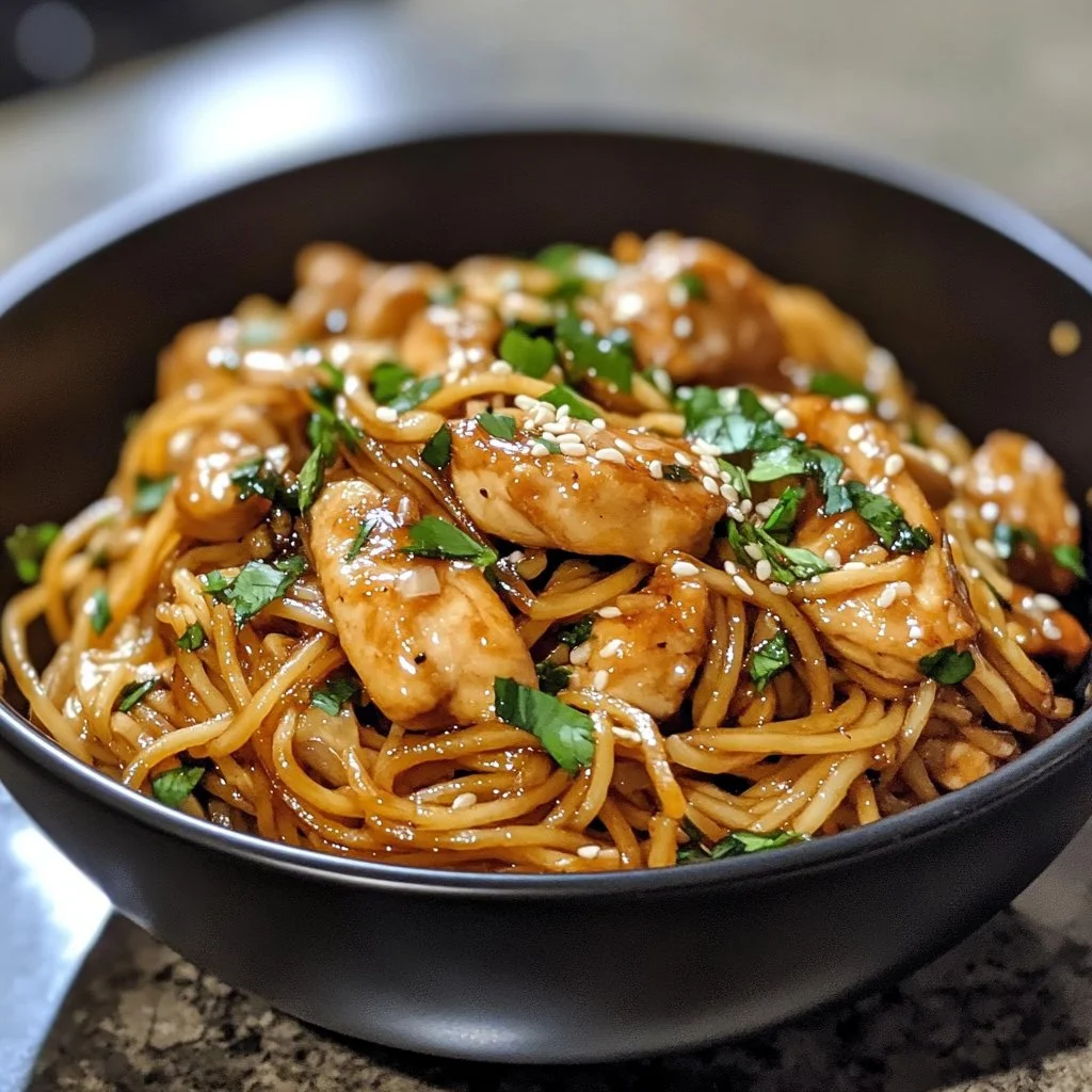 Delicious Garlic Chicken Lo Mein served in a bowl with vegetables and noodles.