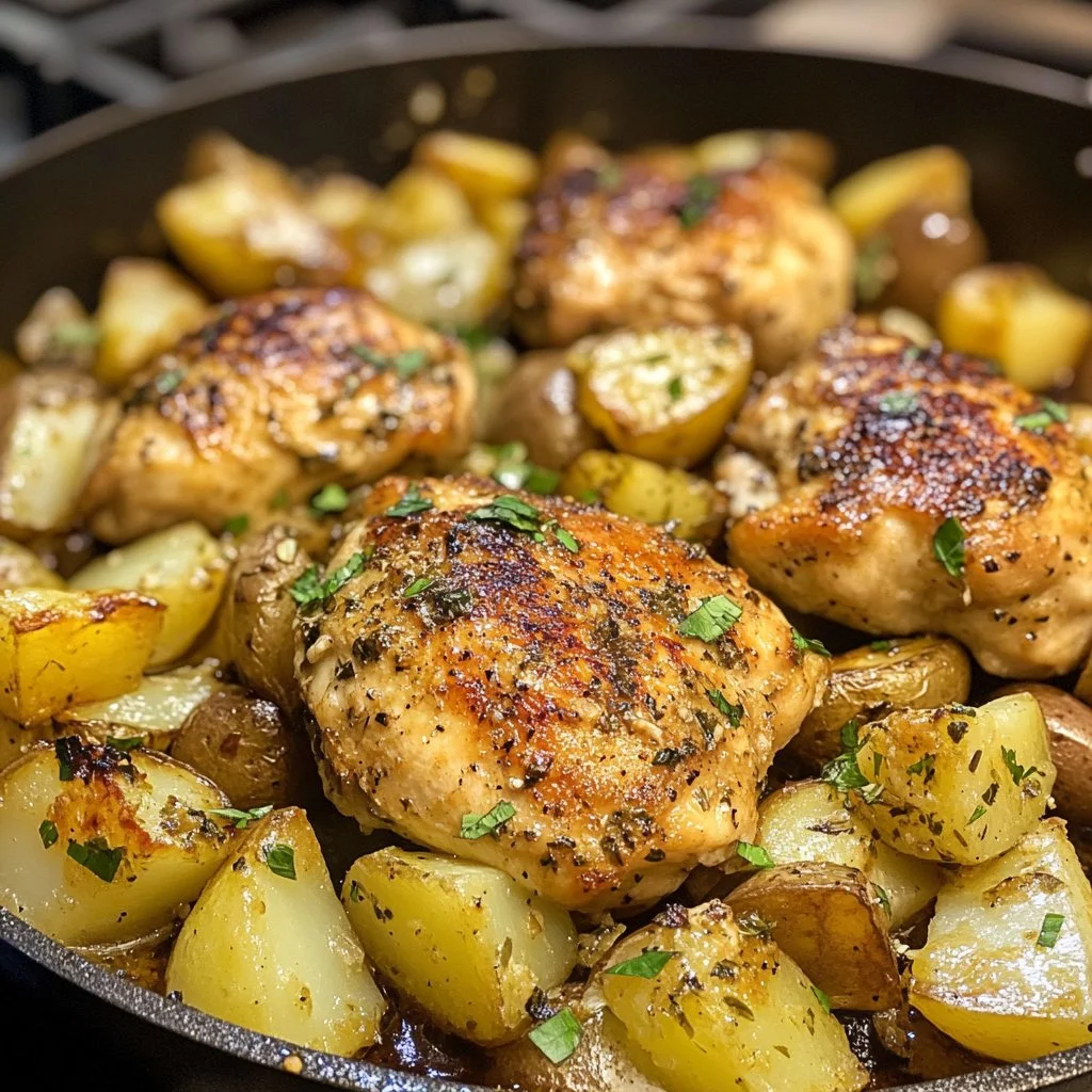 Garlic Parmesan Chicken and Potatoes Skillet dish garnished with herbs