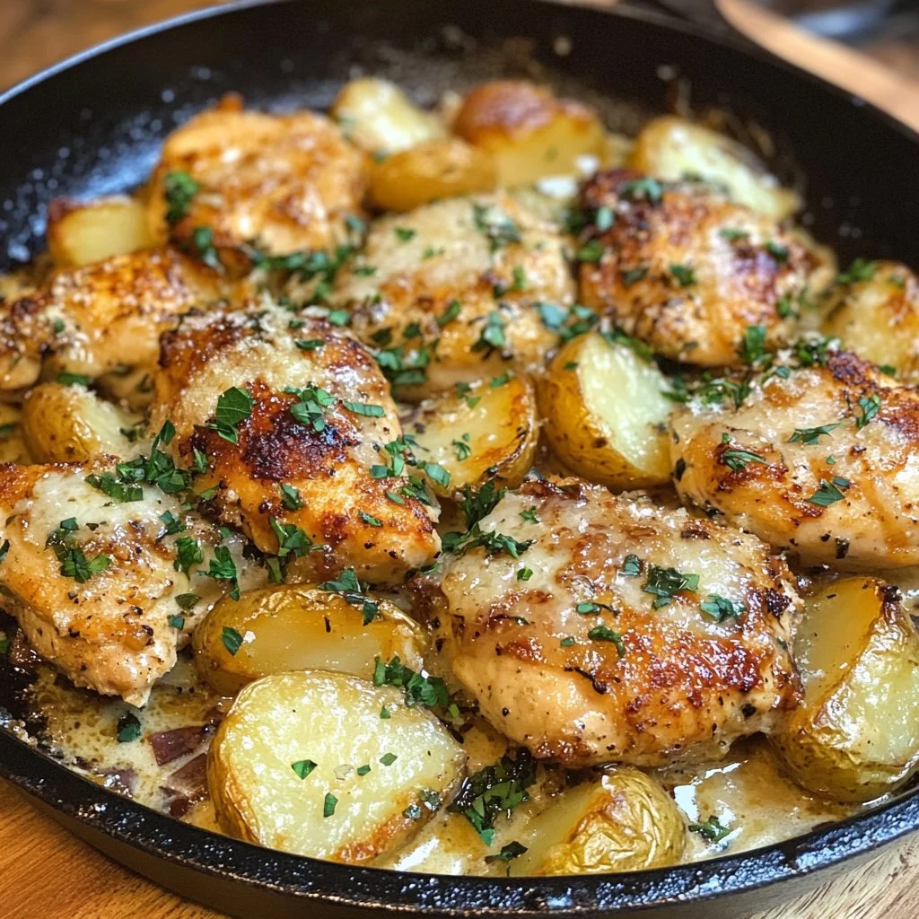 Garlic Parmesan Chicken and Potatoes Skillet in a cast iron pan
