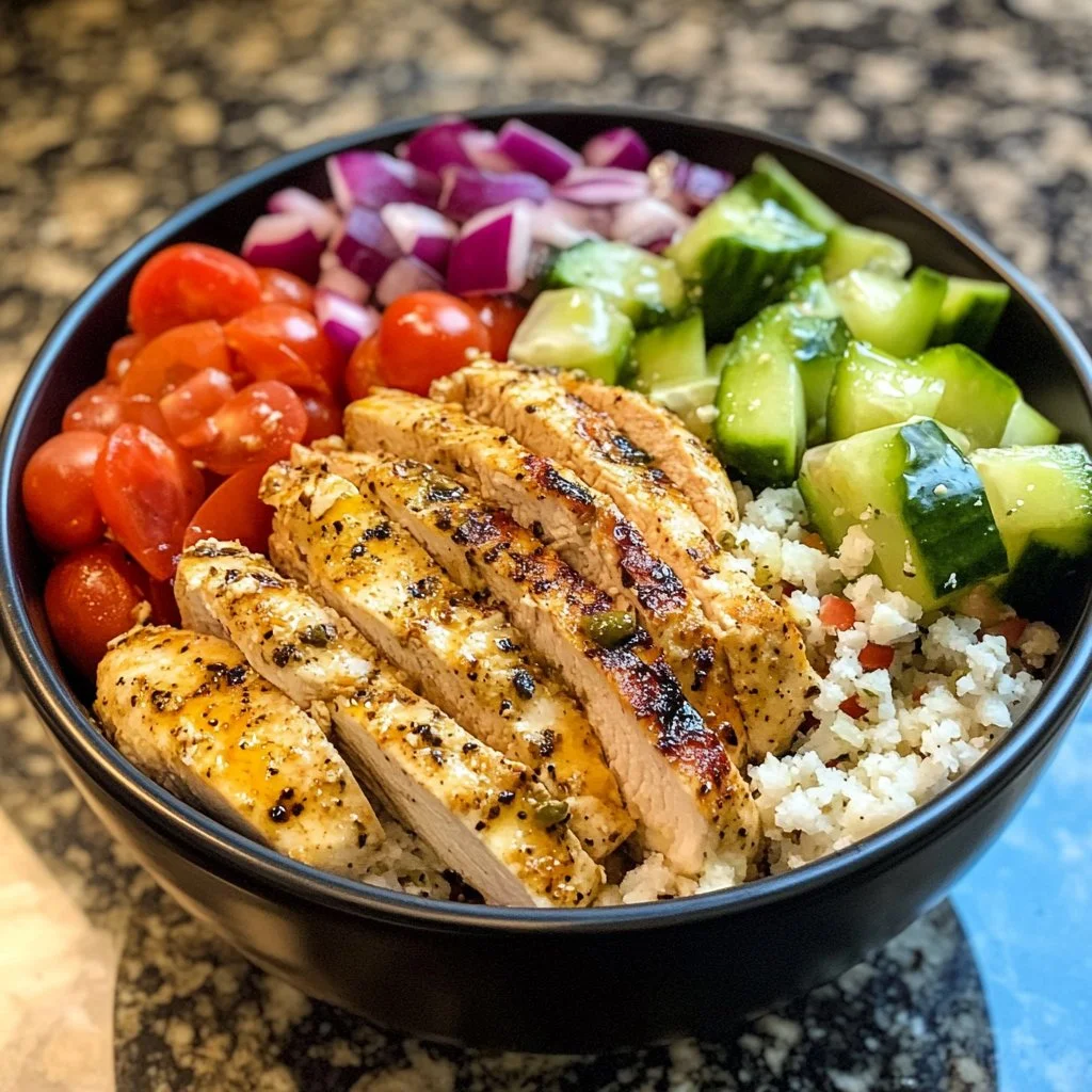 Delicious Greek Chicken Bowls with fresh vegetables and flavorful herbs