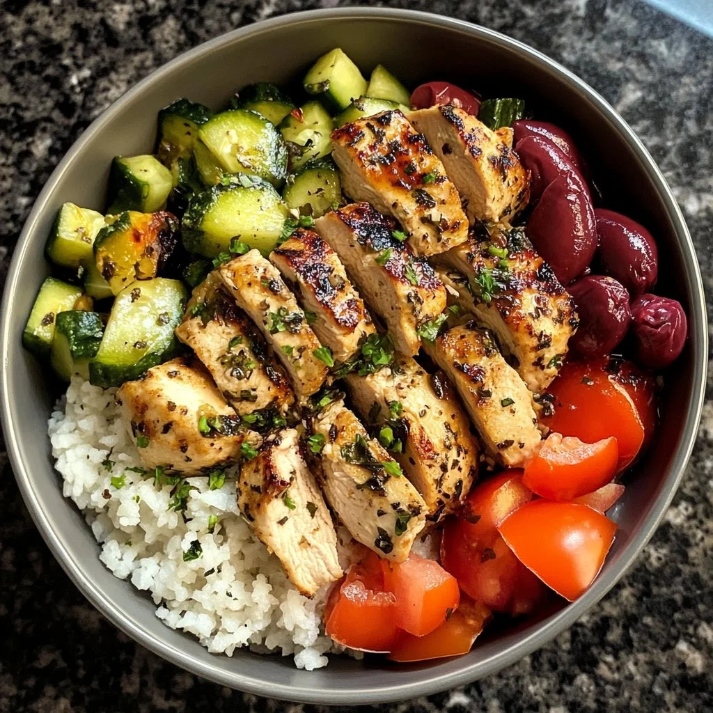 Healthy Greek chicken bowls with marinated chicken and fresh vegetables