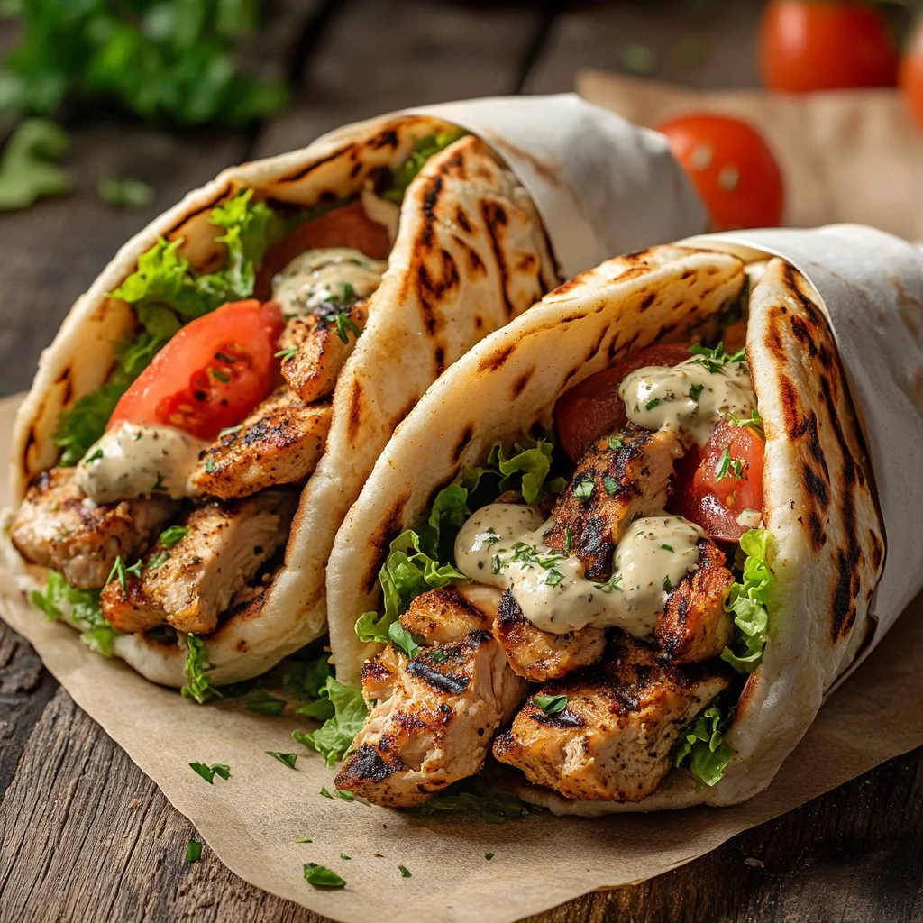 Plate of Greek Chicken Gyros with fresh toppings and pita bread