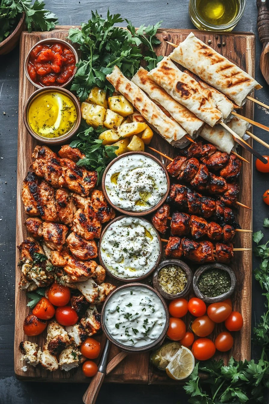 Greek Chicken Souvlaki Grazing Board with Feta Dip – A Mediterranean Feast to Share