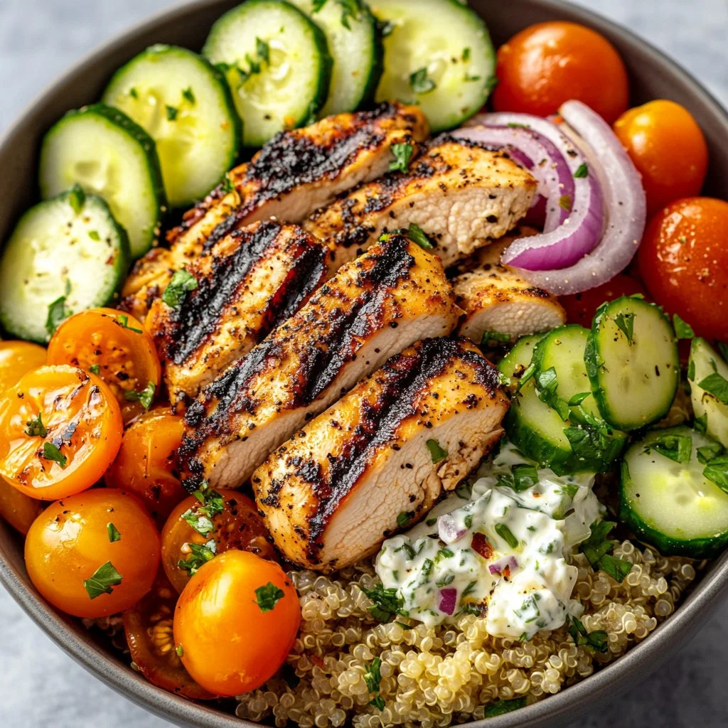 Greek chicken tzatziki bowl with fresh vegetables and herbs