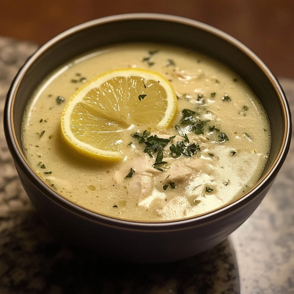 Bowl of Greek Lemon Chicken Soup with fresh herbs and lemon slices.
