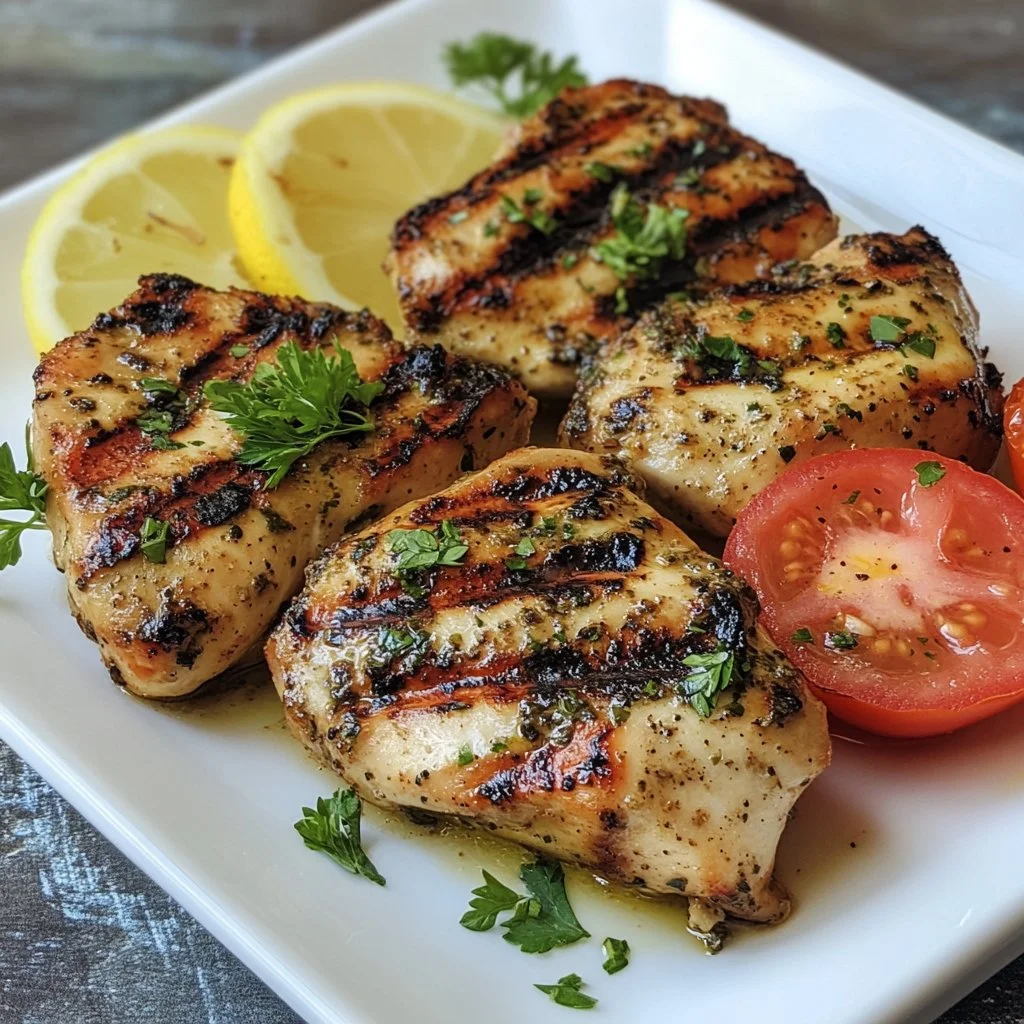 Delicious Greek Yogurt Marinated Chicken served with fresh herbs and spices.