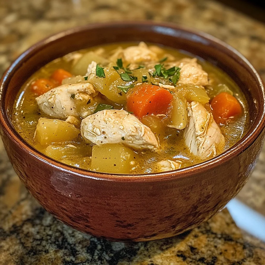 Bowl of Green Chile Chicken Stew garnished with cilantro and jalapeños