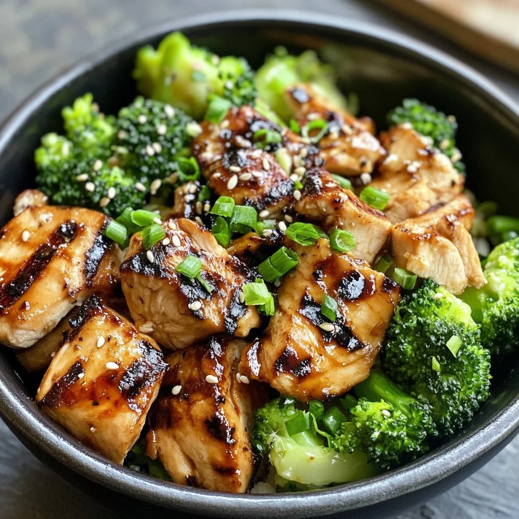 Delicious grilled chicken and broccoli bowl served in a colorful dish