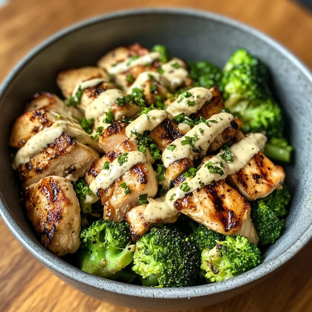 Grilled chicken and broccoli bowls with creamy garlic sauce in a white bowl