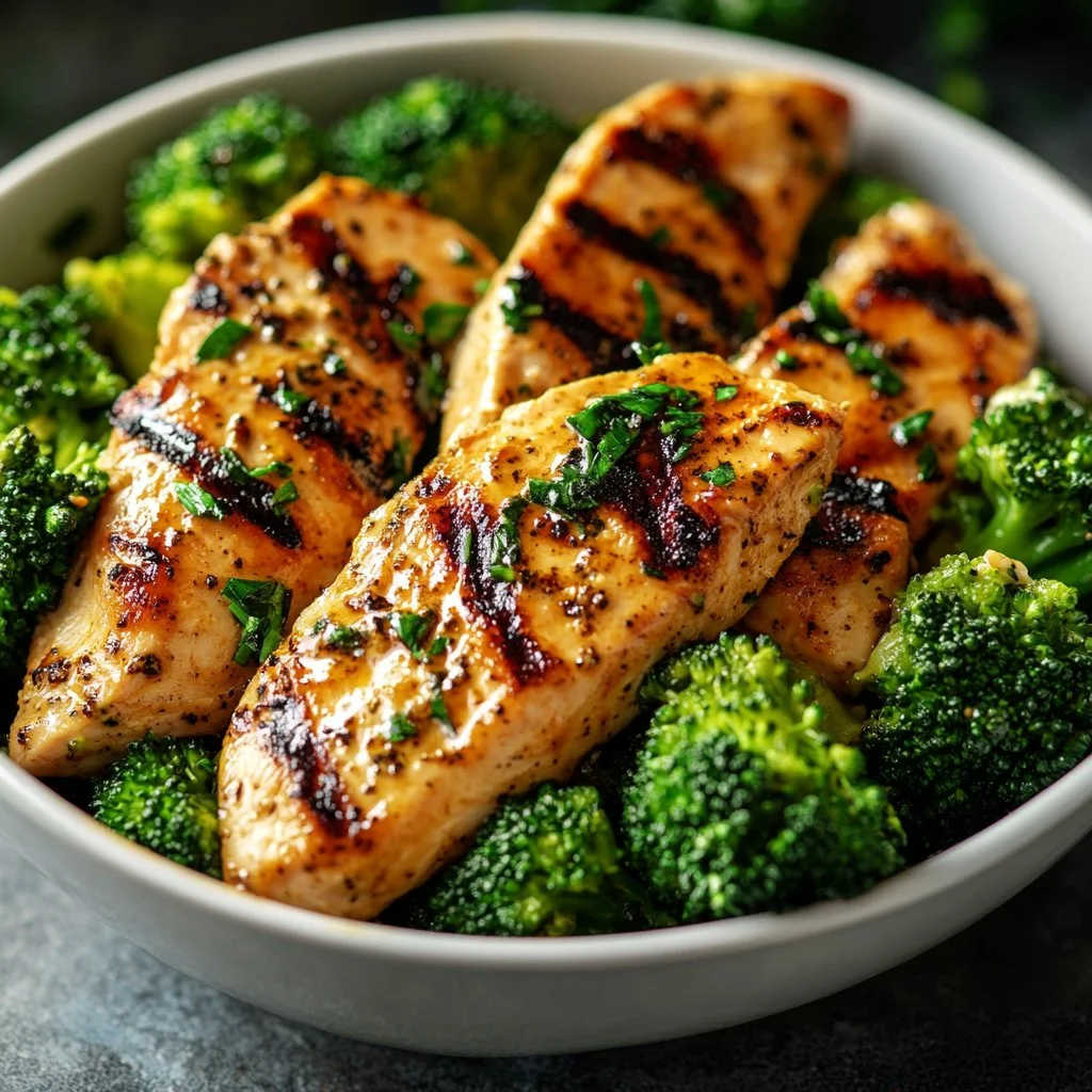 Grilled chicken and broccoli bowls with creamy garlic sauce on a plate