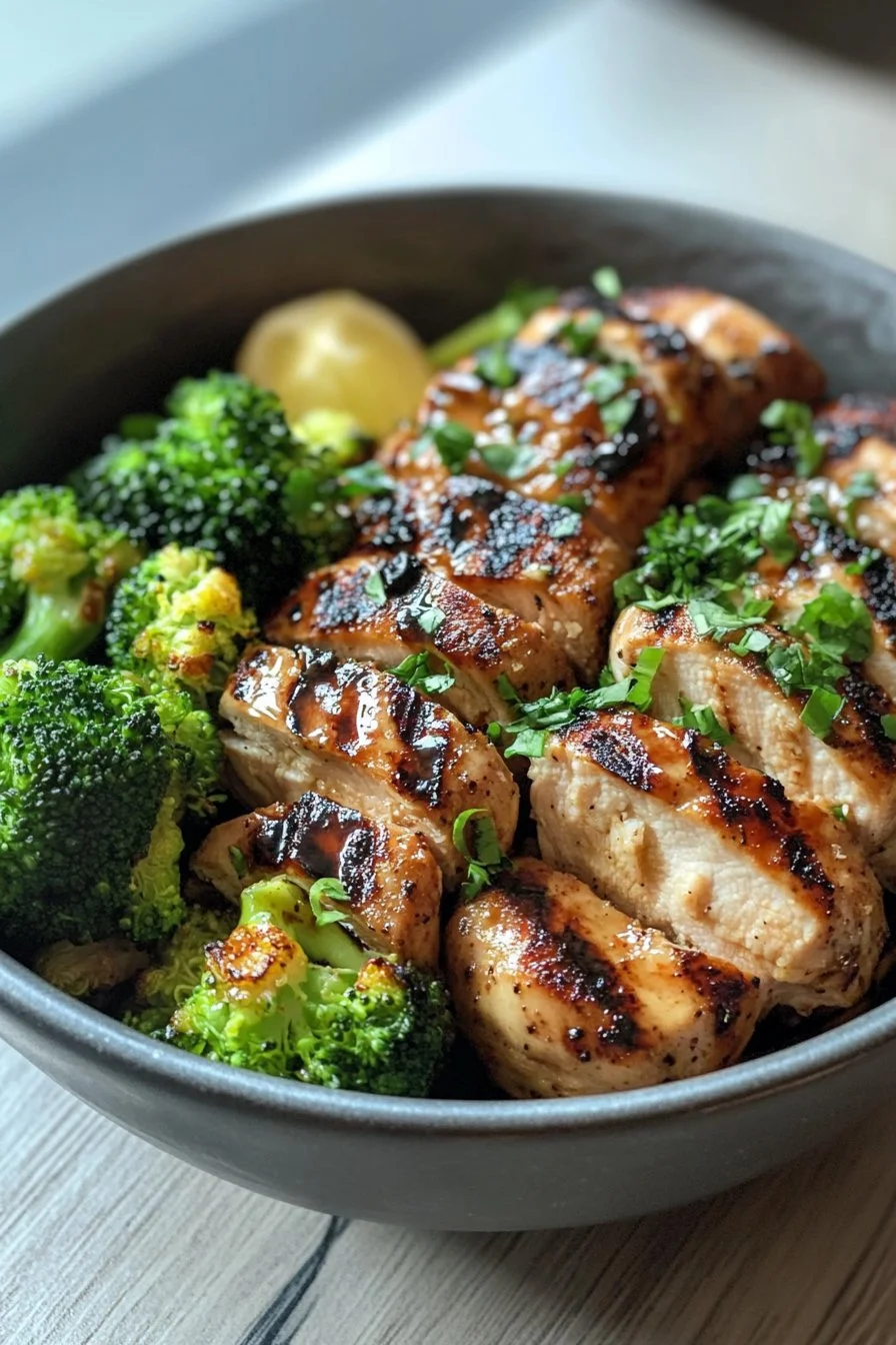 Grilled Chicken & Broccoli Bowls with Creamy Garlic Sauce