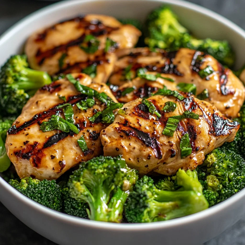 Grilled chicken and broccoli bowl drizzled with creamy garlic sauce