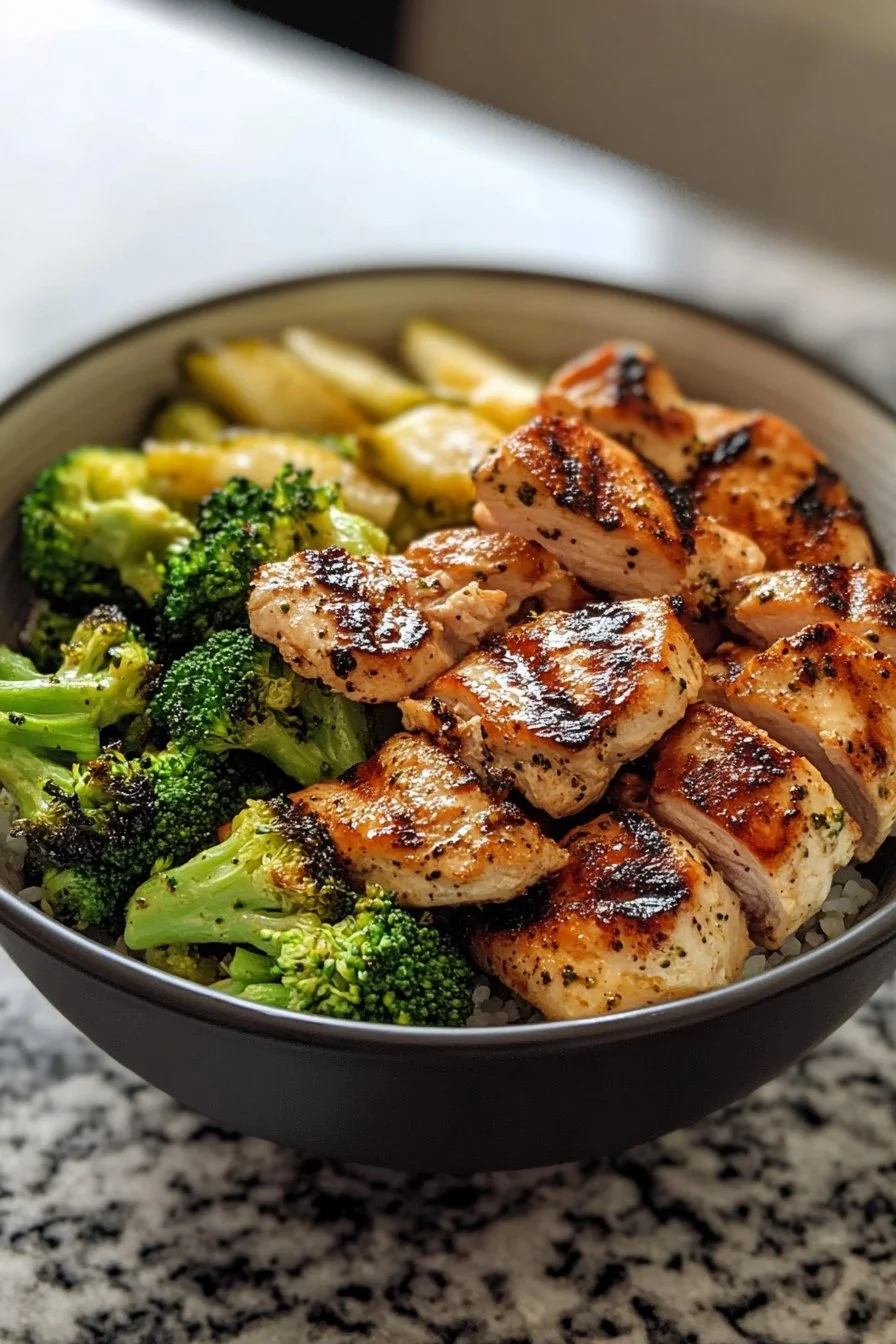 Grilled Chicken & Broccoli Bowls with Creamy Garlic Sauce Recipe
