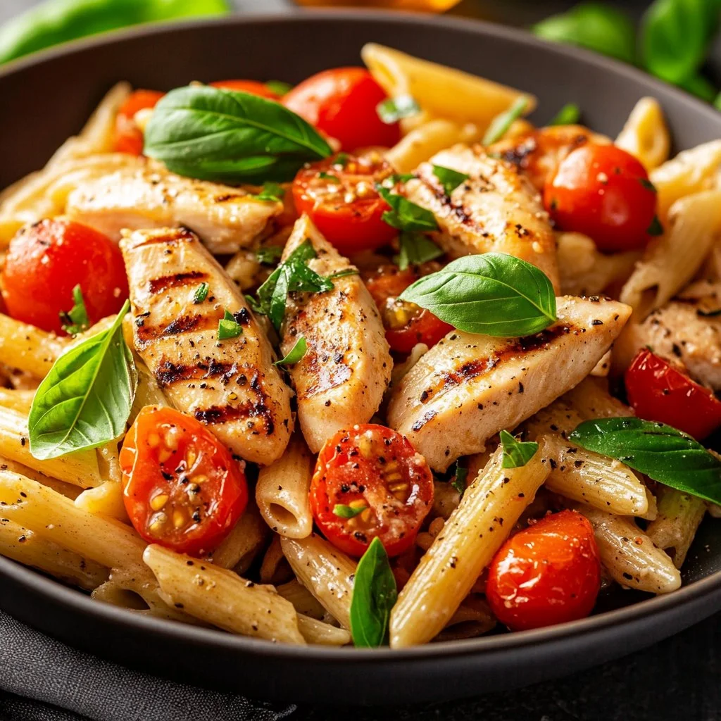 Grilled chicken pasta salad with fresh vegetables and balsamic vinaigrette dressing