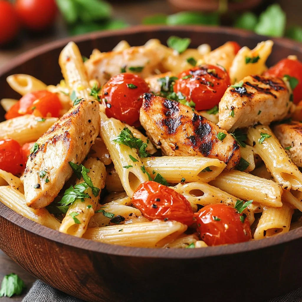 Grilled chicken pasta salad drizzled with balsamic vinaigrette