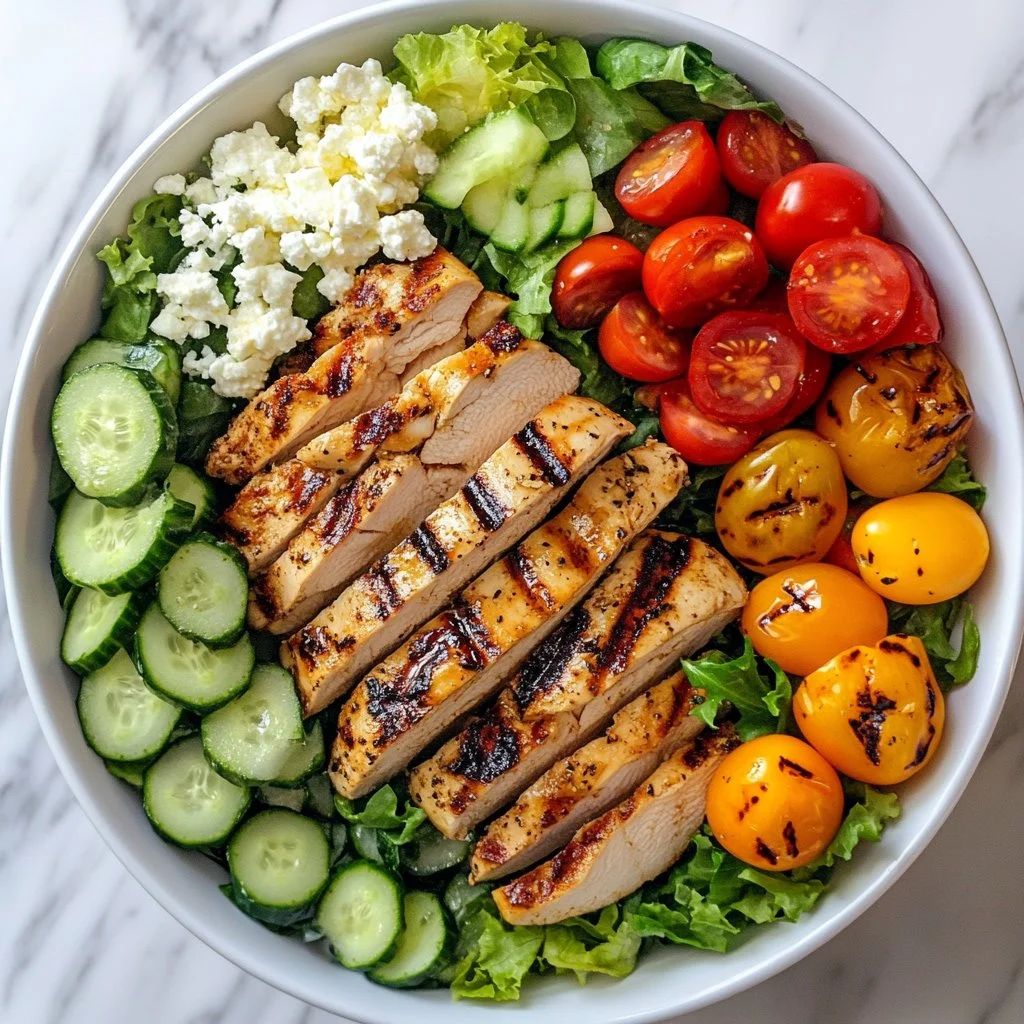 Delicious grilled chicken salad with fresh vegetables and dressing