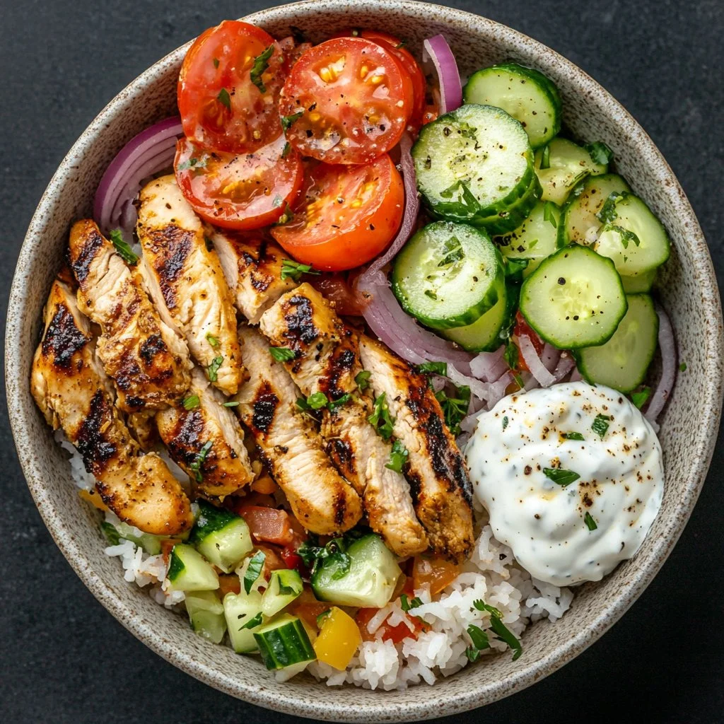 Grilled Chicken Shawarma Bowl with colorful vegetables and spices