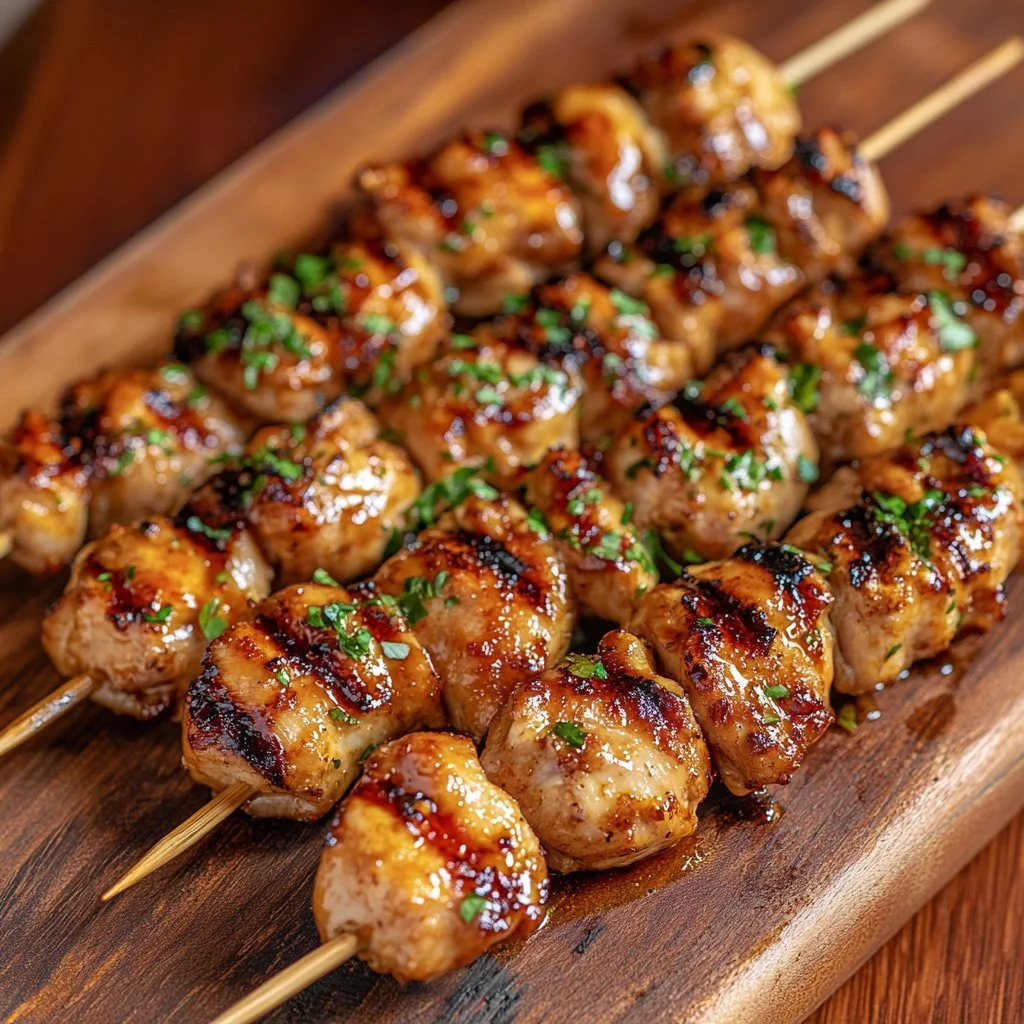 Grilled chicken skewers with honey soy marinade on a platter