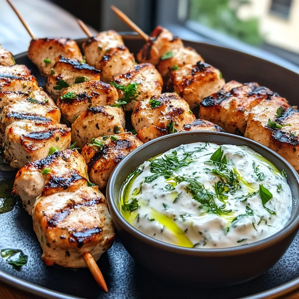 Grilled chicken skewers served with tzatziki sauce on a white plate