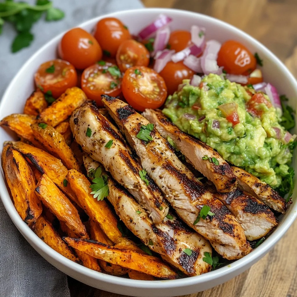 Grilled herb chicken bowl with sweet potato fries and avocado salsa on a plate