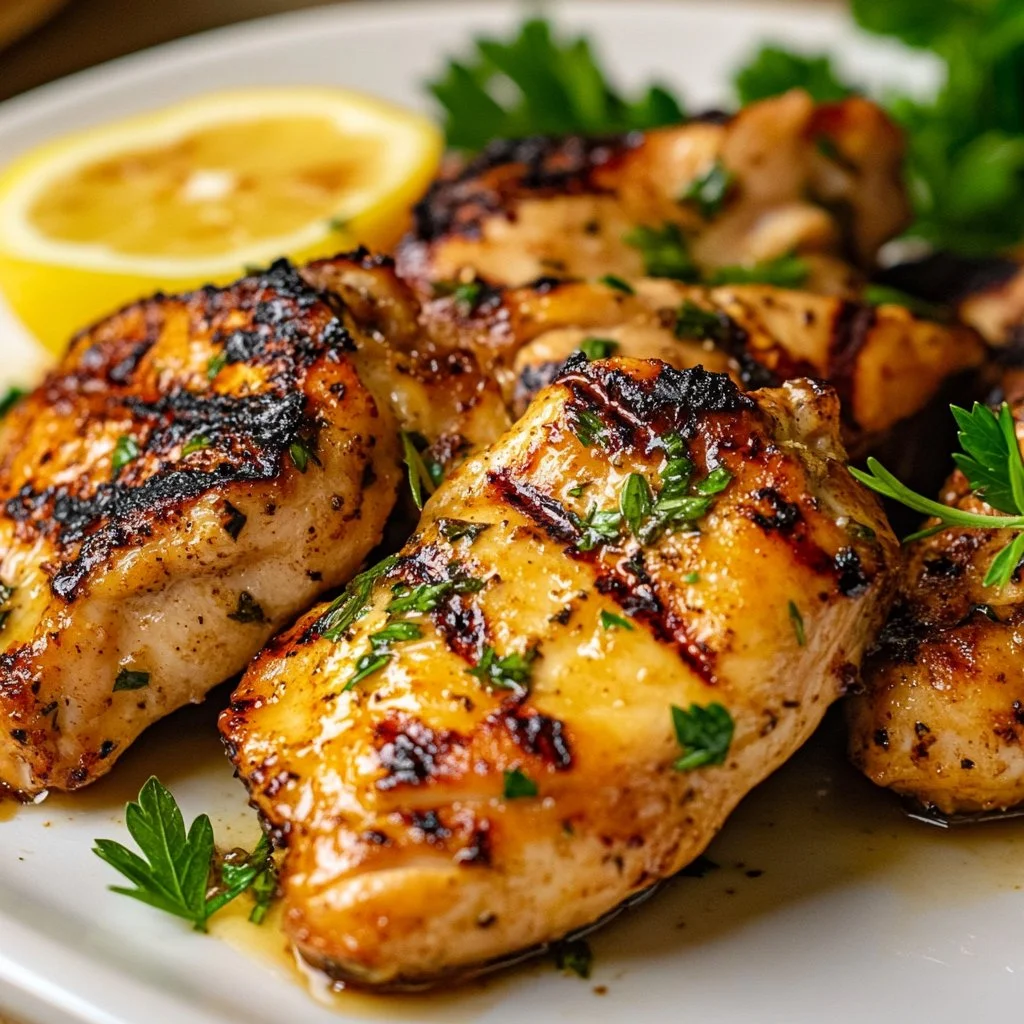 Delicious grilled lemon rosemary chicken on a plate with herbs and lemon slices