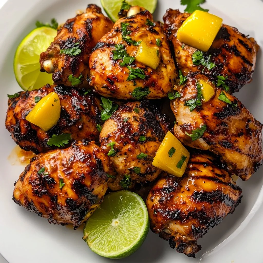 Delicious grilled mango lime chicken served on a plate with fresh herbs.