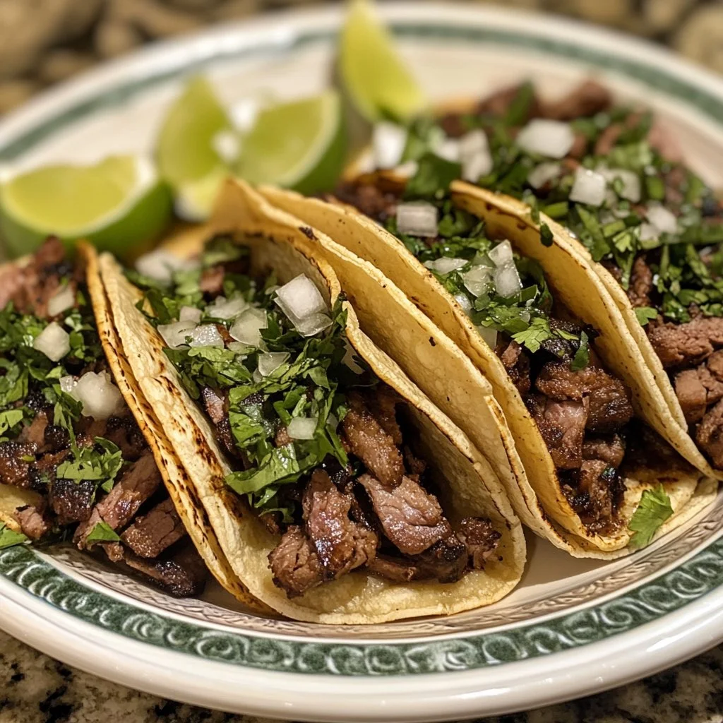 Delicious grilled meat Mexican street tacos topped with fresh ingredients