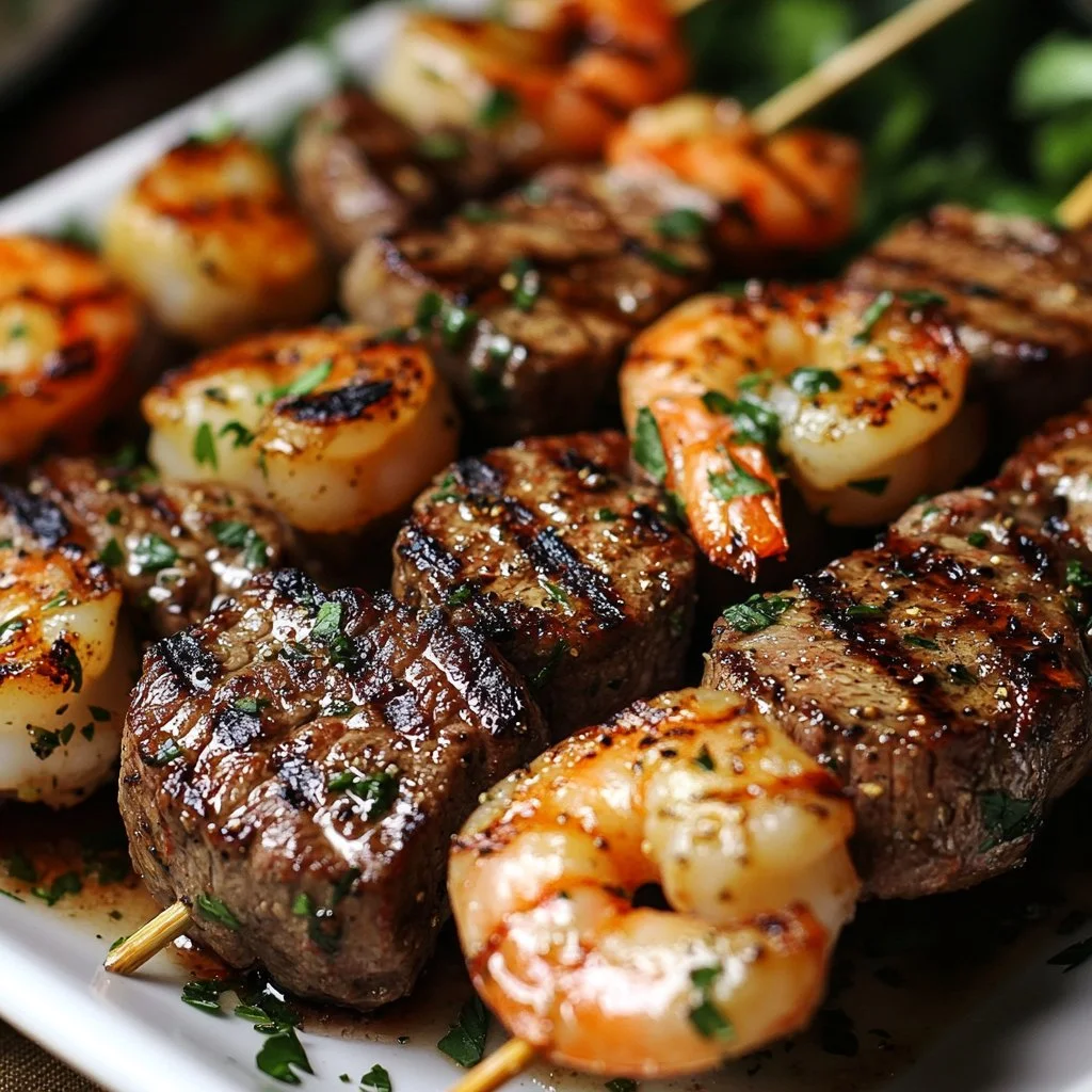 Grilled steak and shrimp skewers drizzled with garlic butter on a platter.