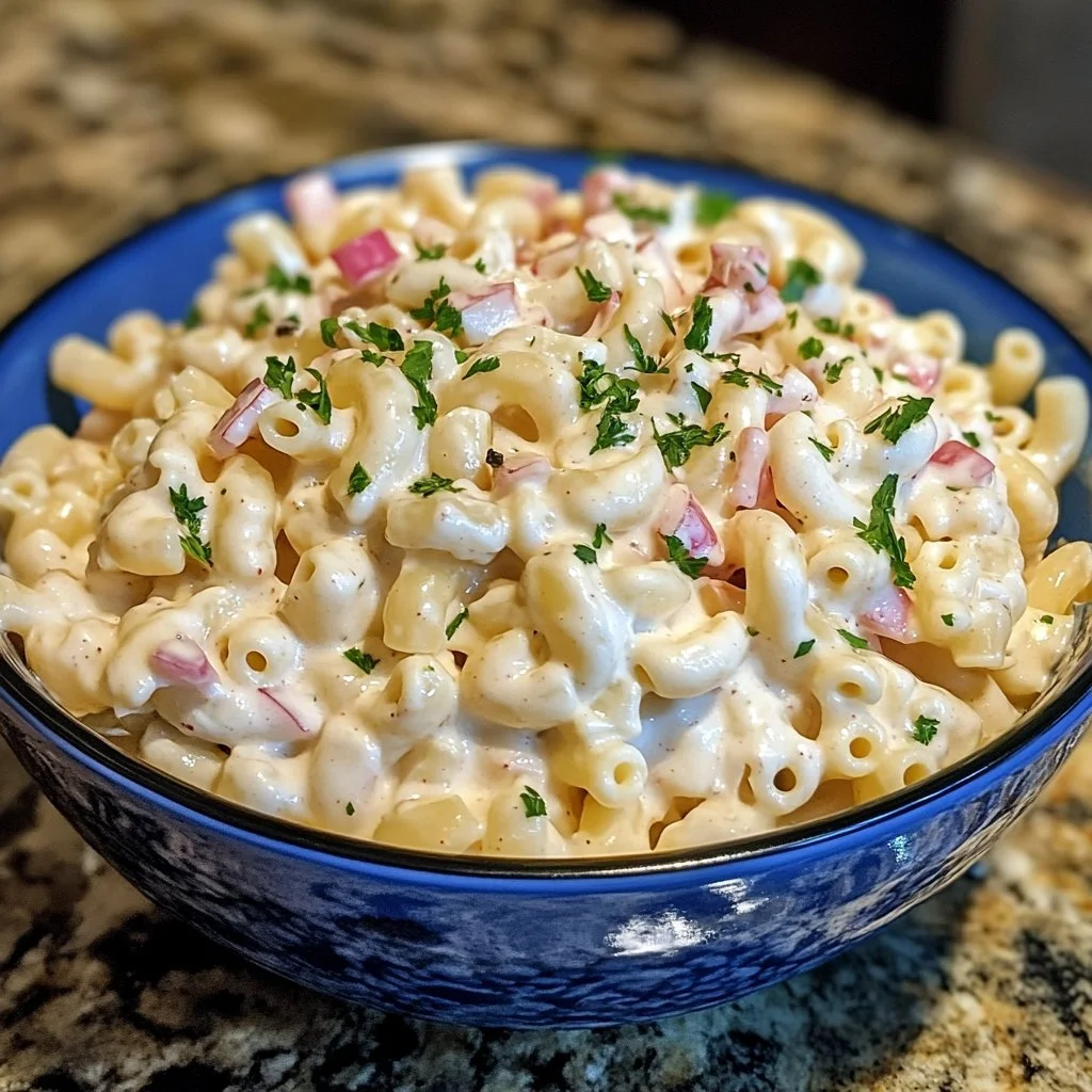 Guy Fieri's mouthwatering macaroni salad recipe with vibrant ingredients.