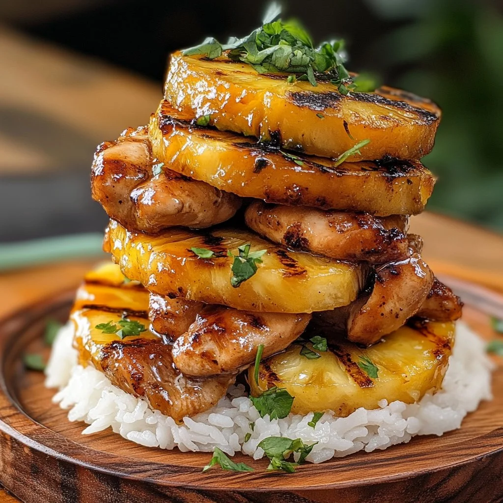 Hawaiian Turn Turn Chicken Stack served on a plate with vibrant garnishes