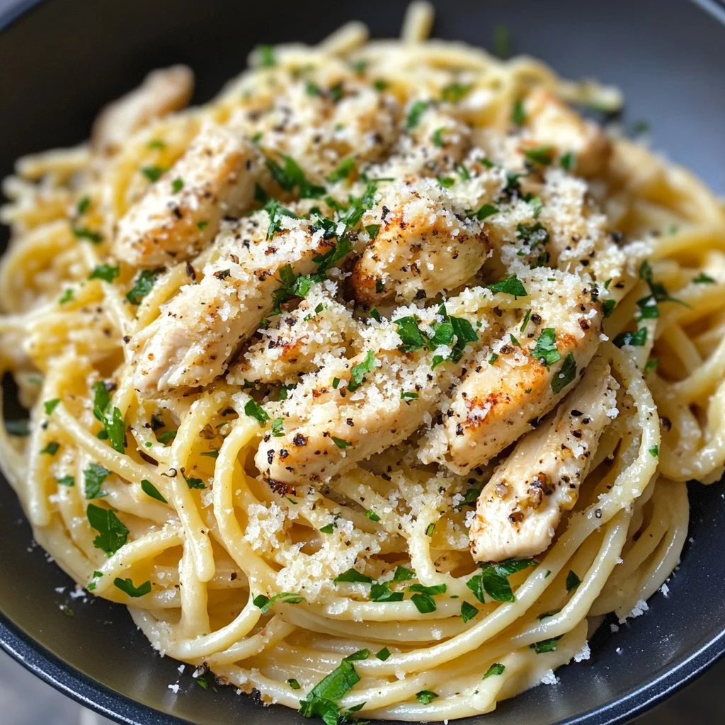 Healthy garlic parmesan chicken pasta dish with fresh ingredients and herbs.